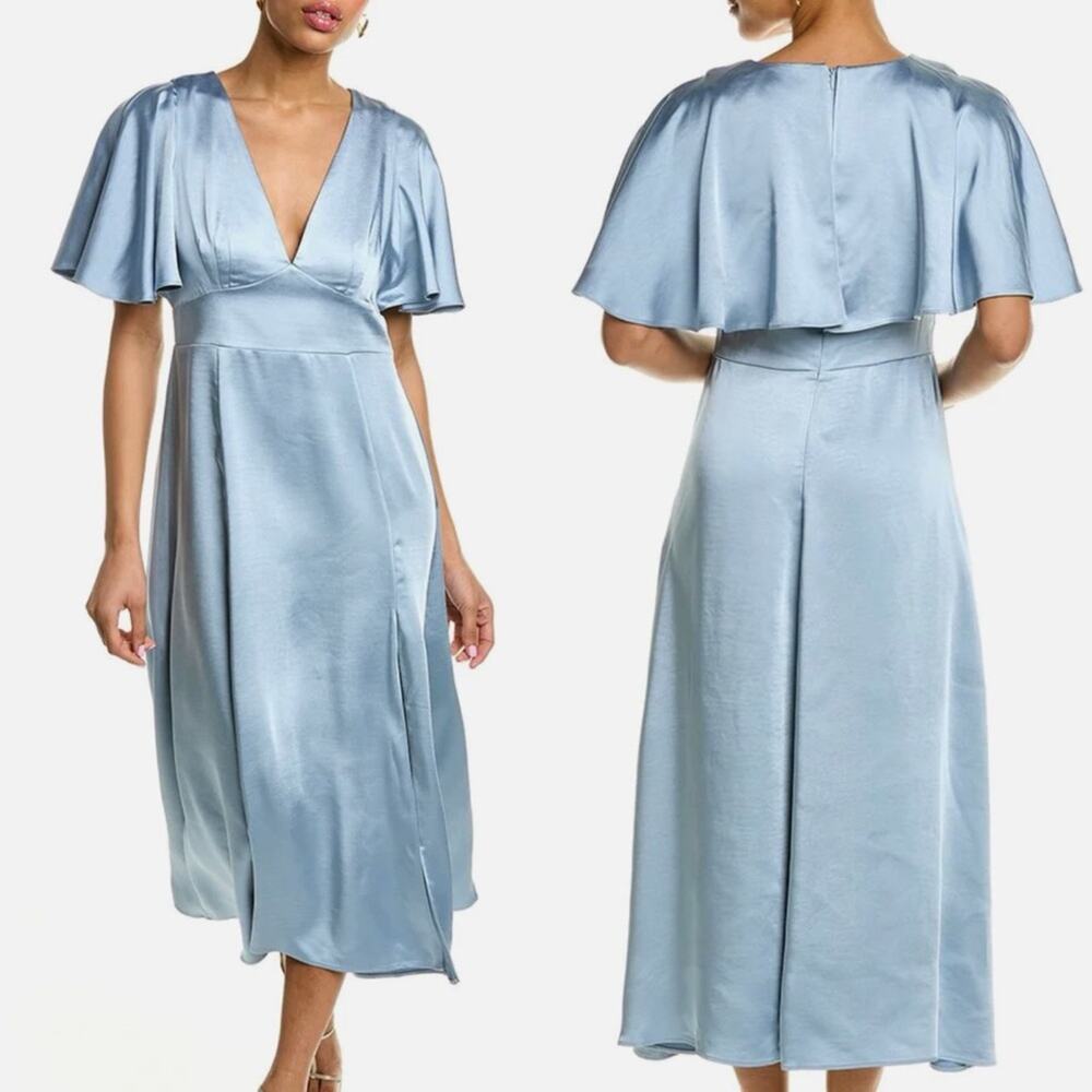 Ted Baker Midi Dress 6 Blue Satin Flutter Sleeve Elegant Wedding Guest Formal